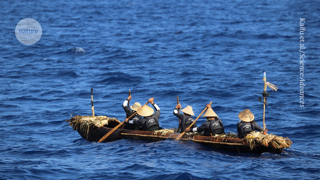 Cinco remadores completaram uma jornada de Taiwan até a Ilha Yonaguni, atravessando algumas das correntes oceânicas mais rápidas do mundo, sem ferramentas de navegação modernas. (Foto: Kaifu et al./Science Advances (CC-By-ND))