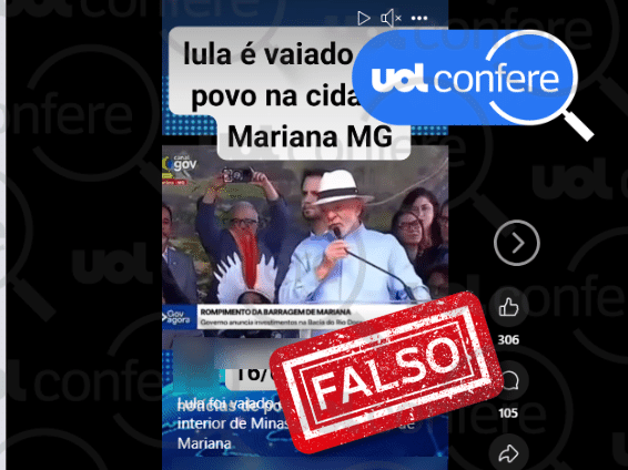 Público aplaude vaias ao prefeito de Mariana em evento, não a Lula Vaias do público eram para prefeito de Mariana (MG), e não para Lula (Foto: Arte/UOL sobre Reprodução/Facebook)