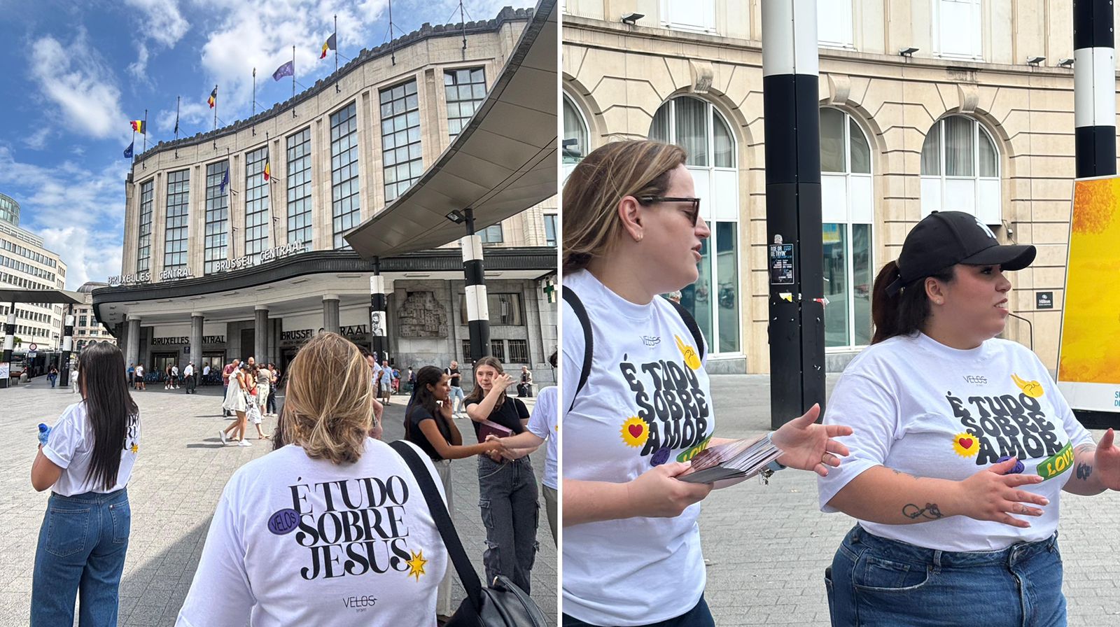 Brasileiros evangelizam nas ruas da Bélgica e espalham mensagem de fé O evangelismo em Bruxelas. (Foto: Arquivo pessoal concedido ao Guiame)