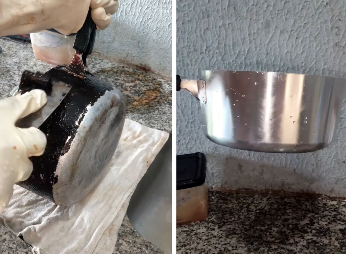 Mulher revela truque eficaz para renovar panelas antigas e viraliza nas redes sociais Uma mulher viralizou na web por compartilhar vídeos limpando panelas que pareciam irrecuperáveis (Foto: Instagram/@sonianascimento234/Reprodução)