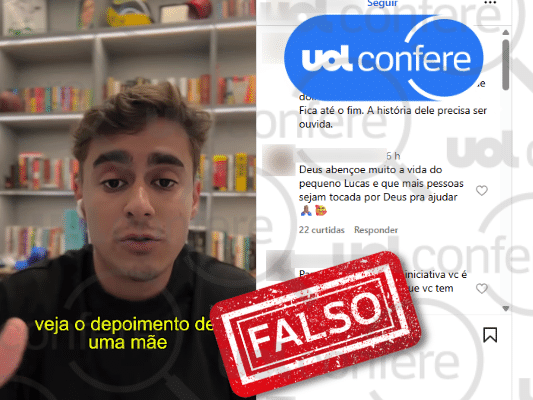 Vídeo de Nikolas Ferreira é usado em campanha falsa sobre menino Lucas Golpistas usam vídeo alterado de Nikolas Ferreira em campanha falsa (Foto: Arte/UOL sobre Reprodução/Instagram)