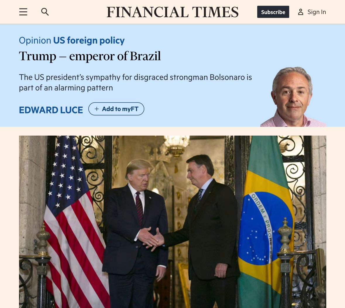 Financial Times destaca Trump como 'imperador do Brasil' em apoio a Lula (Foto: Reprodução/Financial Times)