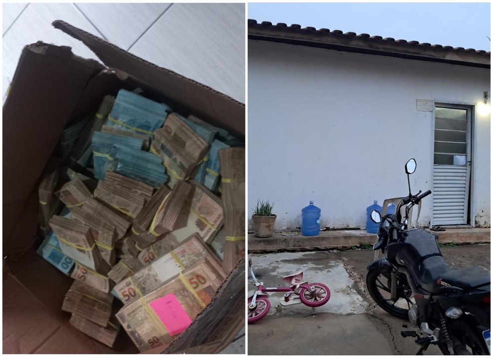 Polícia encontra R$ 500 mil escondidos em caixa de papelão na casa de golpista Dinheiro apreendido em caixa de papelão em Cuiabá durante a operação Falso 9 (Foto: Polícia Civil)