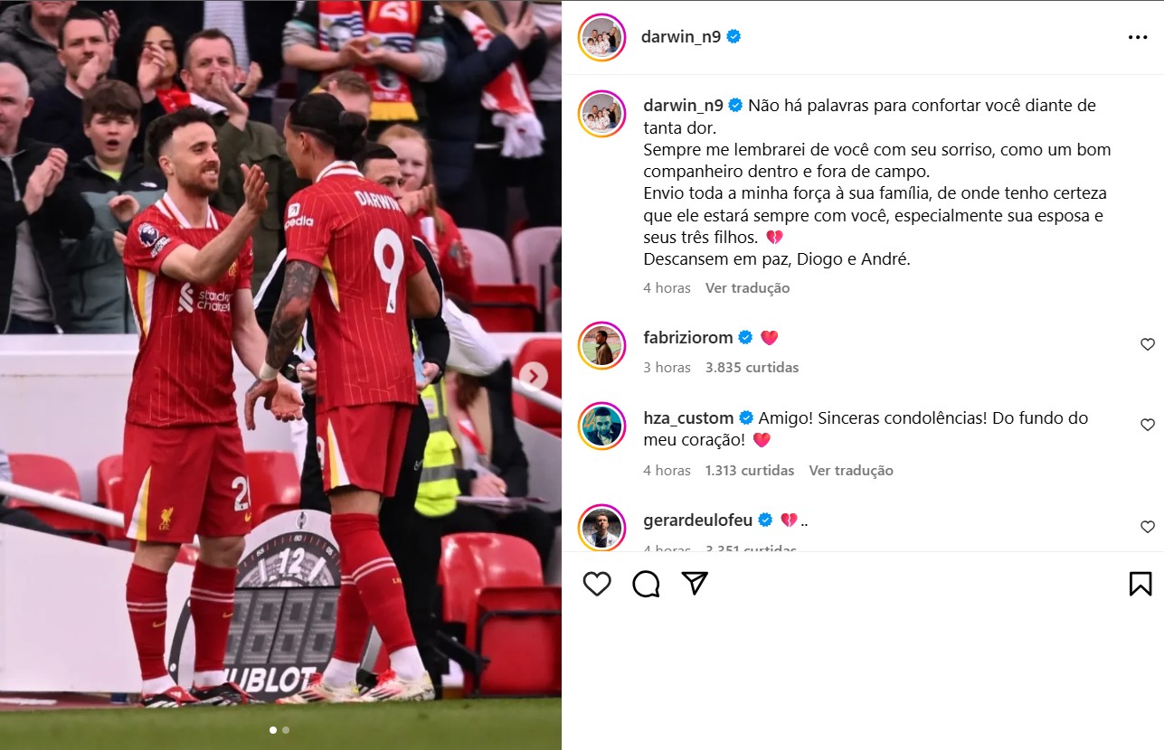 Jogadores do Liverpool prestam homenagem emocionante a Diogo Jota Foto: Reprodução