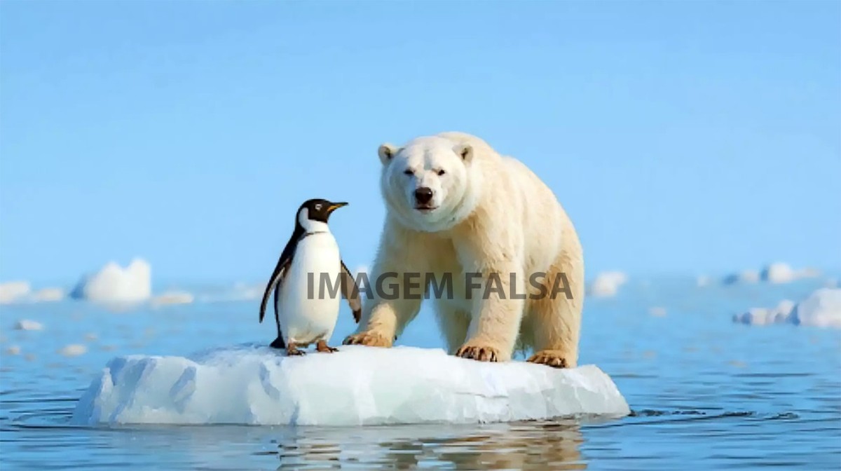 Registro gerado por Inteligência Artificial de uma visita de um pinguim ao habitat de um urso polar, no Ártico — Foto: Envato Labs, CC BY