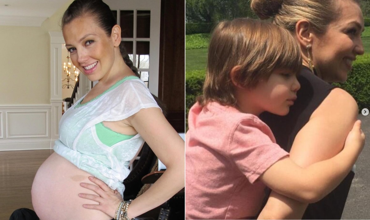 Thalía grávida na primeira foto e, na segunda, com o filho nas costas (Foto: Reprodução/Instagram)