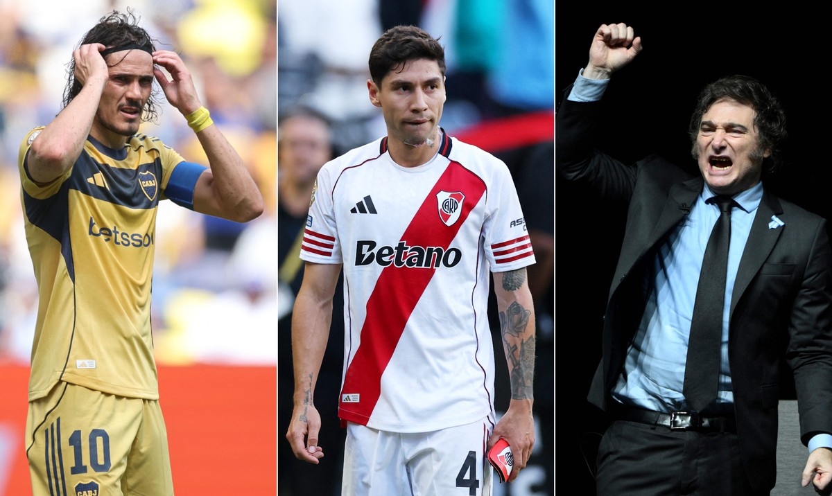 Milei critica presidente da federação após quedas de Boca e River no Mundial Cavani, do Boca Juniors; Montiel, do River Plate; e o presidente da Argentina, Javier Milei (Foto: AFP)