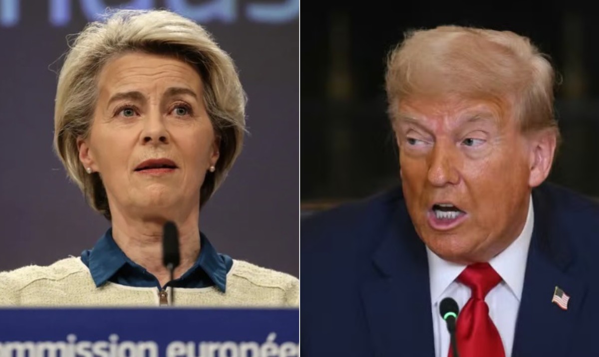 Comissão Europeia e Trump buscam fechar acordo comercial em reunião decisiva Ursula von der Leyen, presidente da Comissão Europeia, e o presidente dos EUA, Donald Trump (Foto: Montagem com fotos da Bloomberg e da AFP)