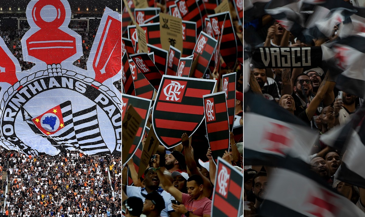 Corinthians, Flamengo e Vasco: quem é o verdadeiro 'time do povo' segundo pesquisa? Corinthians, Flamengo e Vasco têm maior concentração de torcedores entre as menores faixas de renda — Foto: AFP PHOTO / Nelson ALMEIDA; Marcelo Theobald; Alexandre Cassiano