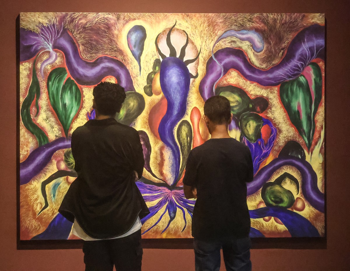 Frequentadores observam uma das obras em exibição na mostra (Foto: Divulgação)