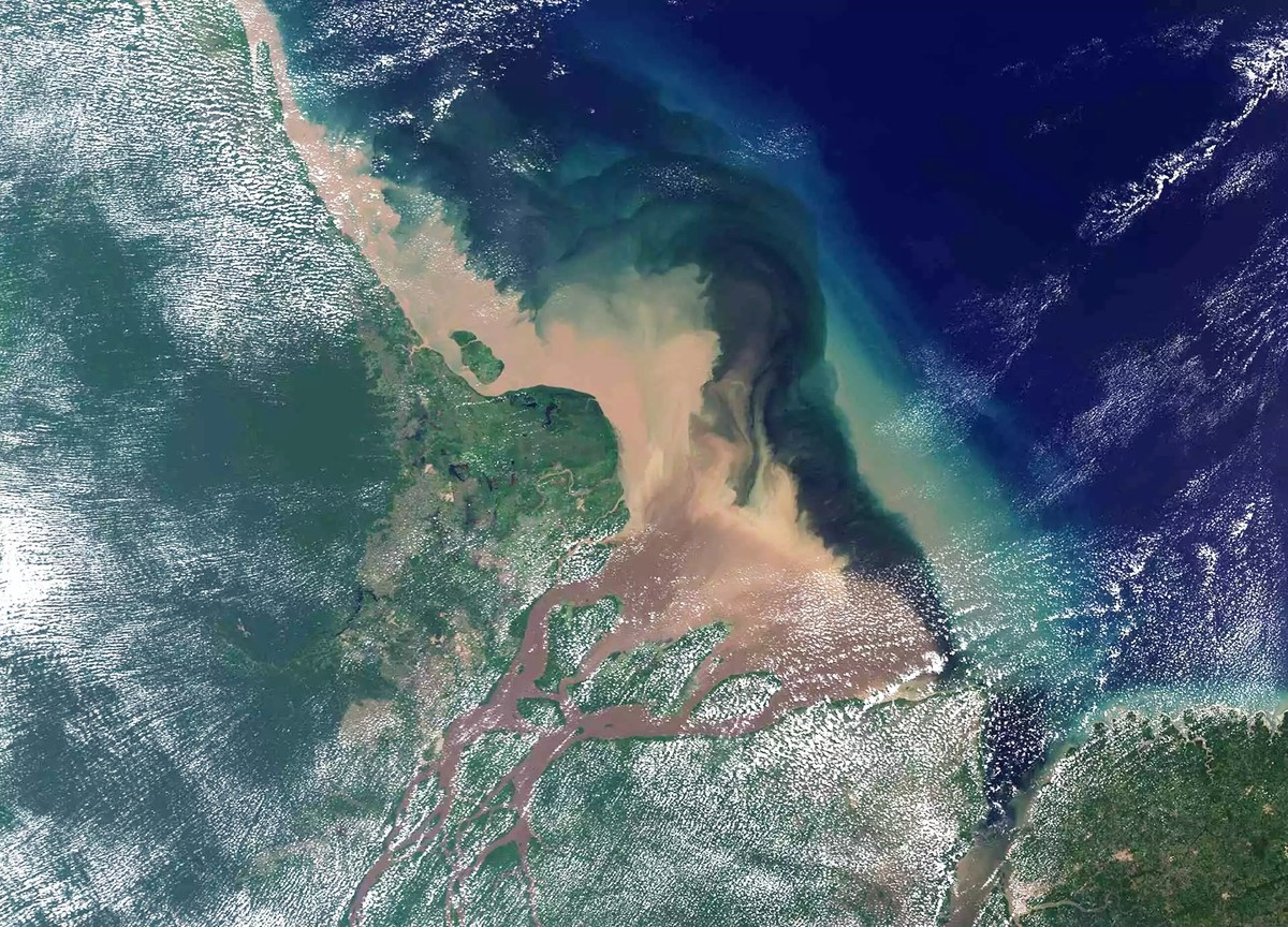 Imagem de satélite da região da Foz do Amazonas, na Margem Equatorial da América do Sul (Foto: Landsat/Nasa)