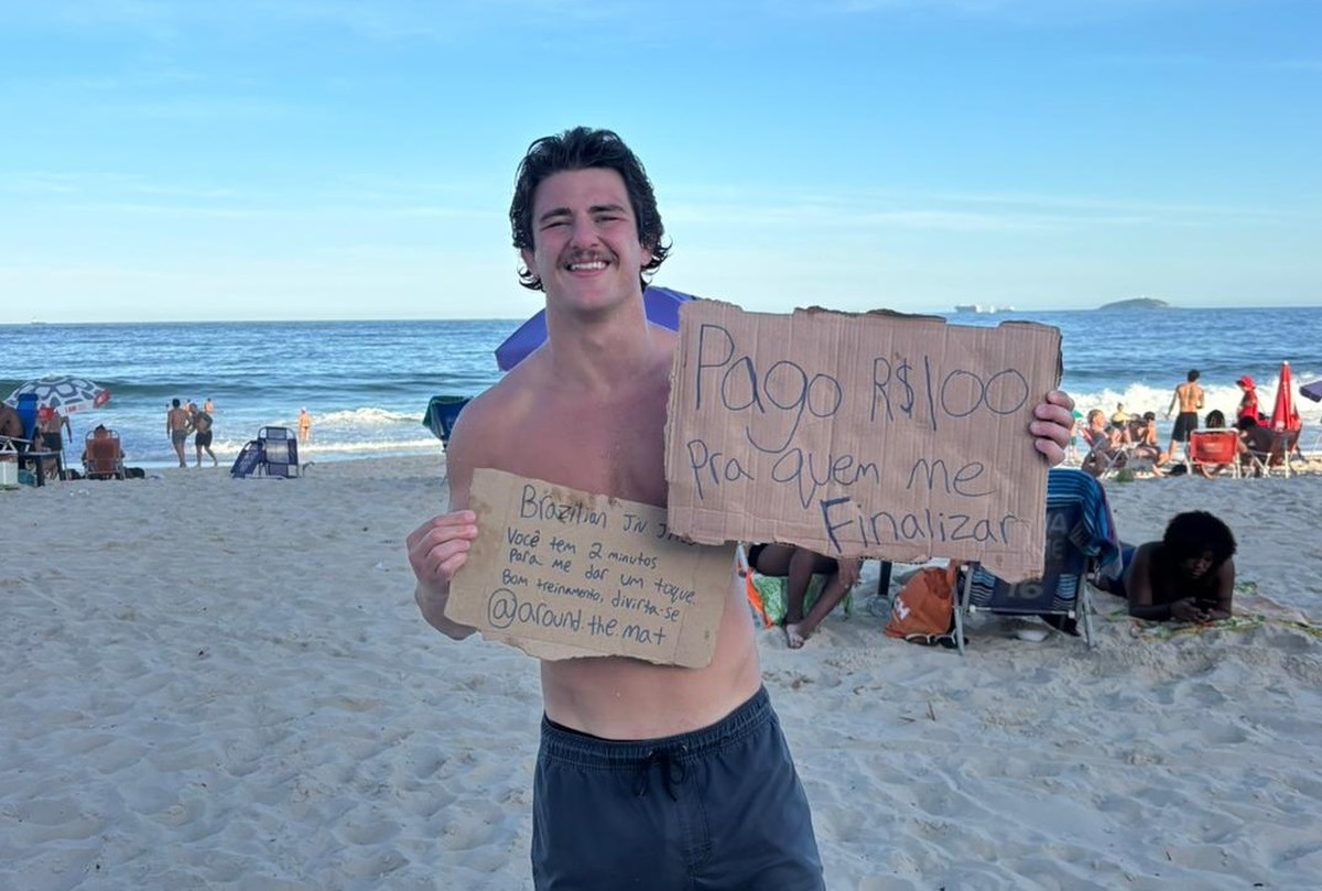 Americano oferece R$ 100 para quem conseguir finalizá-lo na Praia do Leme Seamus Selmi esteve no Brasil por dois meses treinando e estudando o esporte (Foto: Arquivo Pessoal)