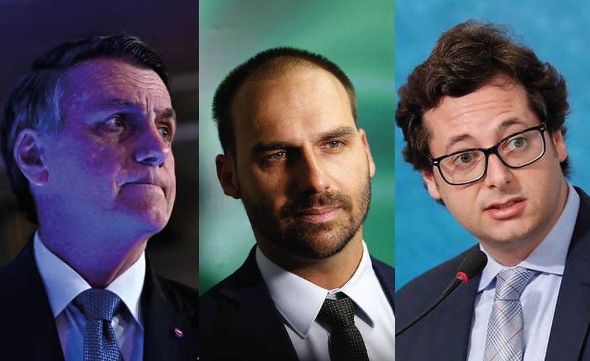 Eduardo Bolsonaro classifica saída de Wajngarten do PL como confusa após críticas O ex-presidente Jair Bolsonaro, o deputado federal Eduardo Bolsonaro e o ex-chefe da secretaria de Comunicação da Presidência e advogado Fábio Wajngarten. (Foto: Arte O Globo)
