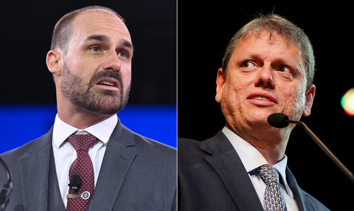 Eduardo Bolsonaro critica Tarcísio por apoio a Moraes em meio a tensões políticas Deputado federal licenciado Eduardo Bolsonaro (PL-SP) e o governador de São Paulo, Tarcísio de Freitas (Republicanos) (Foto: Fotos de Saul Loeb/AFP e Pablo Jacob/Governo de São Paulo)