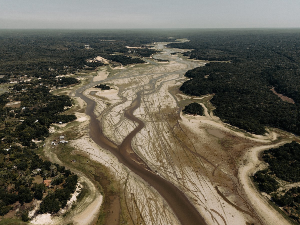 Fotógrafo revela impacto das mudanças climáticas na Amazônia e surpreende o mundo Vista aérea do rio Tarumã, Amazonas, que se tornou inavegável por causa da seca. (Foto: Musuk Nolte / CAIXA Cultural RJ)