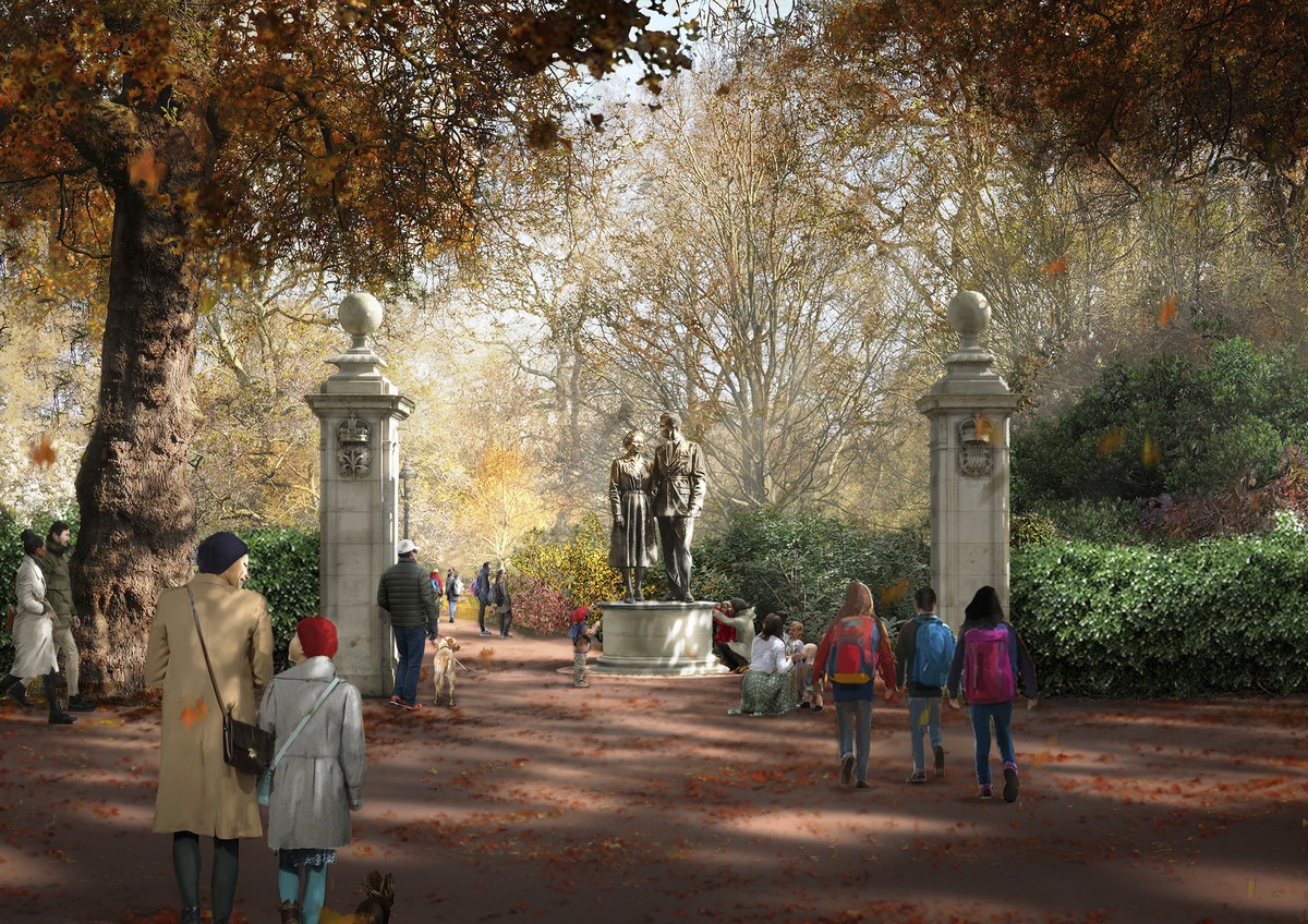Imagem de divulgação divulgada pela Foster + Partners em 24 de junho de 2025 mostra uma ilustração artística de uma escultura que retrata a falecida Rainha Elizabeth II e o Príncipe Philip (Foto: FOSTER + PARTNERS/AFP)