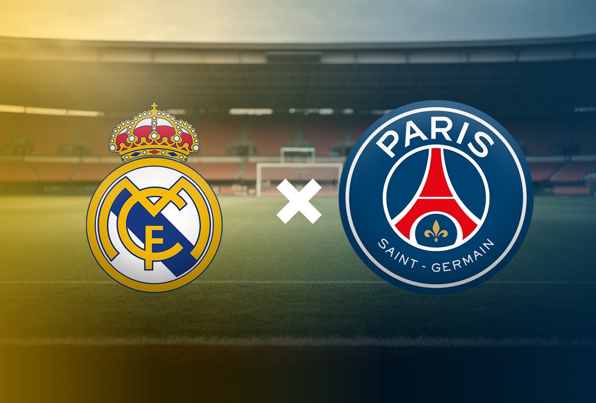 Real Madrid e PSG se enfrentam no Mundial de Clubes; veja onde assistir ao vivo Real Madrid x PSG (Foto: Editoria de Artes)