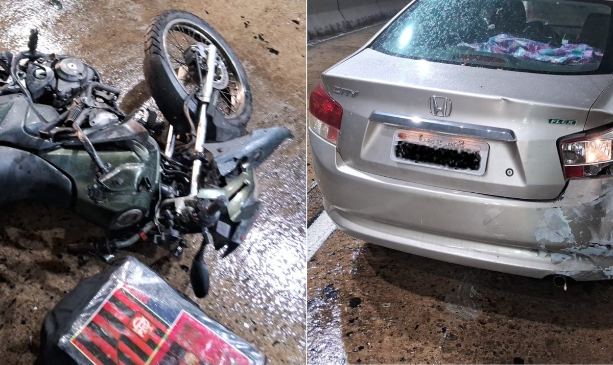 Trânsito intenso no Rio com fechamento do Aterro, chuva e acidentes pela manhã Moto e carro se envolveram em acidente em galeria do Túnel Santa Bárbara (Foto: Reprodução / COR-Rio / X)