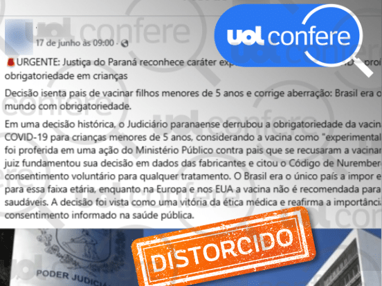 Decisão no Paraná mantém obrigatoriedade de vacinação infantil em um caso específico Publicações enganam ao distorcer efeitos de decisão de um juiz do Paraná (Foto: Arte/UOL sobre Reprodução Facebook)