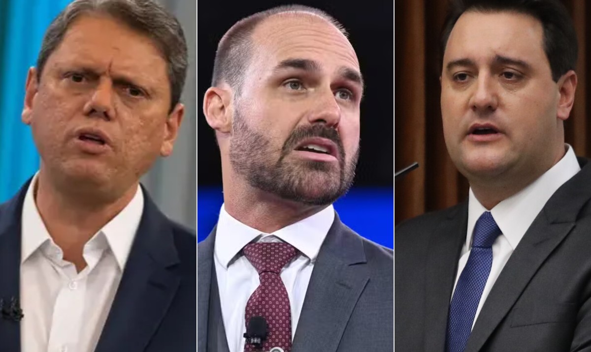 Eduardo critica Tarcísio e Ratinho Jr por apoio a tarifaço sem defesa a Bolsonaro Tarcísio de Freitas, Eduardo Bolsonaro e Tarcísio de Freitas — Foto: Reprodução, AFP e Divulgação/Assembleia Legislativa do Paraná