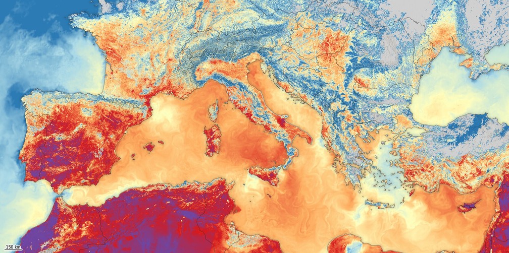 Imagem de satélite mostra temperaturas da superfície da terra e do mar no sul da Europa e norte da África em 29 de junho de 2025. (Foto: Dados do Copernicus Sentinel (2025), processados ​​pela ESA)