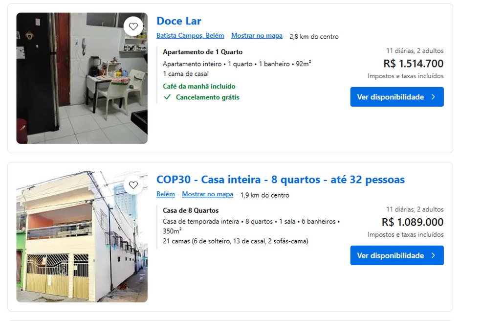 Exemplo de hospedagens em Belém para o período da COP30 (Foto: Reprodução)