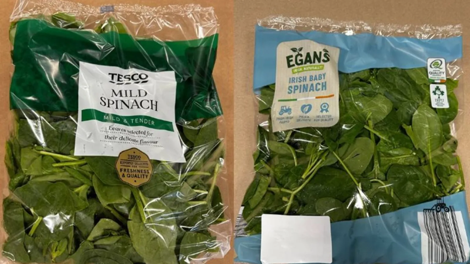Folhas de espinafre e mistura de folhas são recolhidas por contaminação de listeria Marcas afetadas incluíram Tesco e Egan's Irish Baby Spinach (Foto: Food Safety Authority of Ireland)