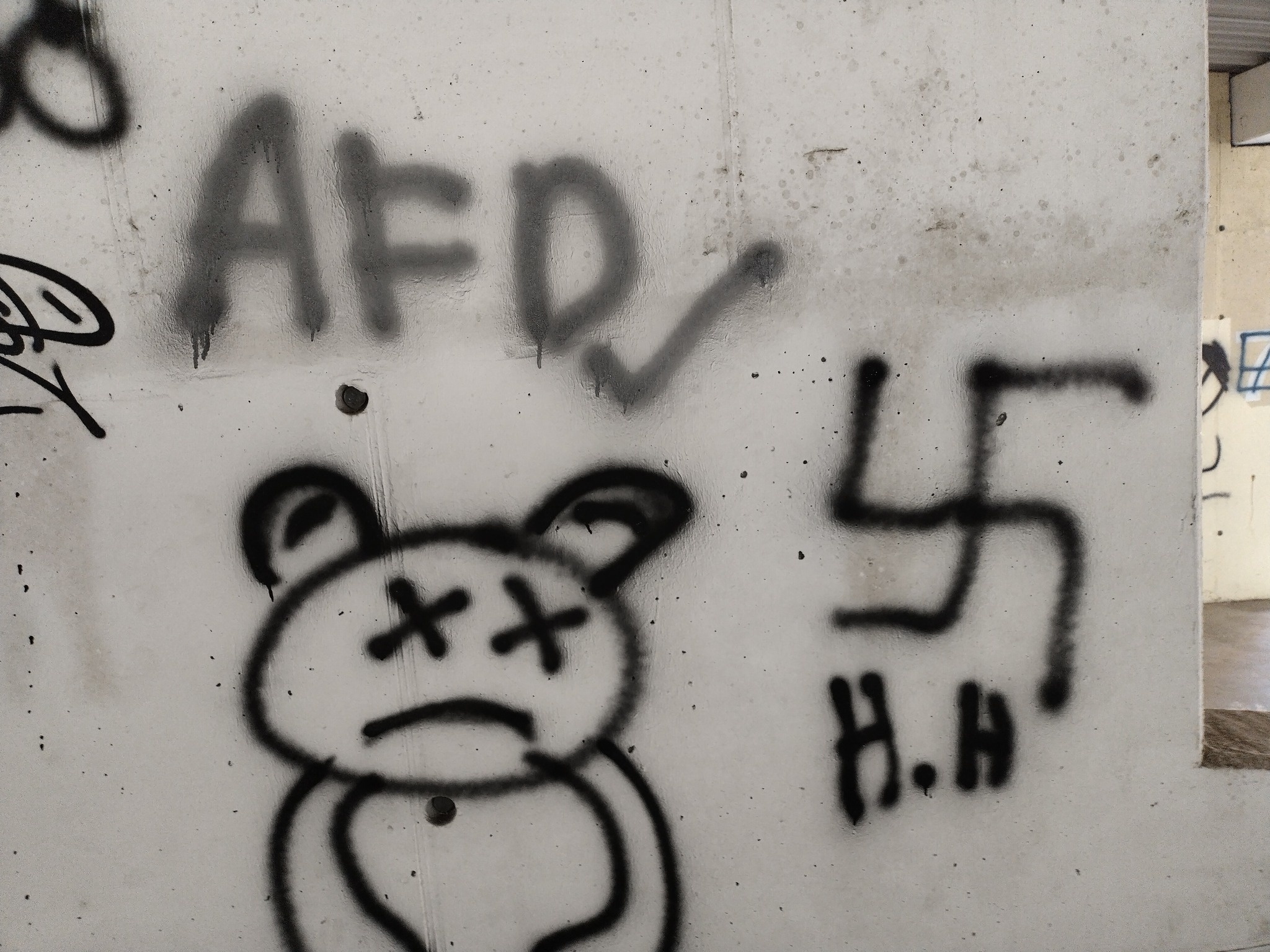 Neonazismo cresce entre jovens em cidade alemã sob governo da extrema direita Pichações nos estacionamentos também são reveladoras da mentalidade de parte dos jovens de Dessau (Foto: Reprodução/Facebook Projekt GegenPart)