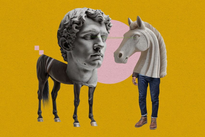 Cientistas utilizam inteligência artificial para desvendar os mistérios da mente humana Uma escultura de busto humano sobre pernas de cavalo e um cavalo de xadrez sobre pernas humanas se encaram. (Foto: Stephanie Arnett/MIT Technology Review | Adobe Stock)