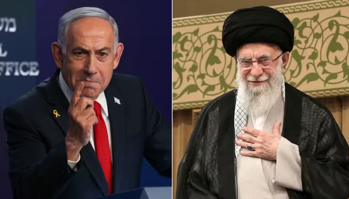 Aiatolá Khamenei critica ataque dos EUA e afirma que 'inimigo sionista errou' Primeiro-ministro de Israel, Benjamin Netanyahu, e o líder supremo do Irã, aiatola Khamenei (Foto: Reprodução)