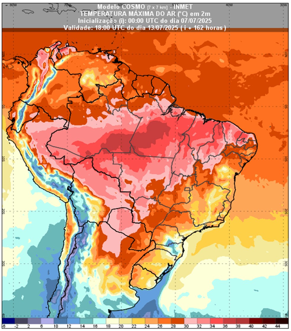 Frio pela manhã, calor à tarde e chuvas no litoral até domingo em todo o Brasil Previsão de temperatura máxima para o dia 13 de julho de 2025 às 15h (horário de Brasília). (Foto: Inmet)