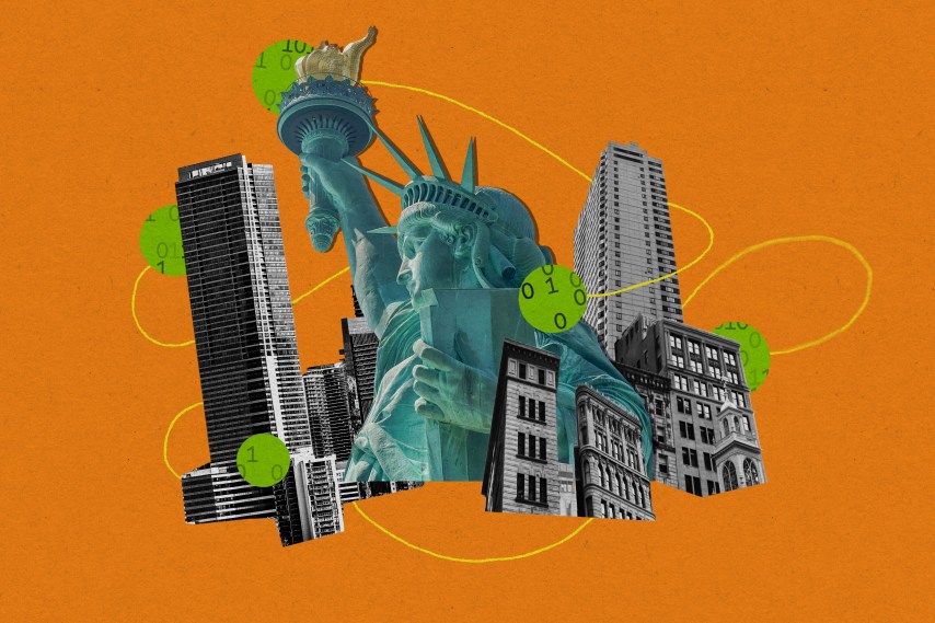 Estátua da Liberdade com edifícios da cidade envoltos em um fio conectado de círculos preenchidos com código binário - Stephanie Arnett/MIT Technology Review | Adobe Stock