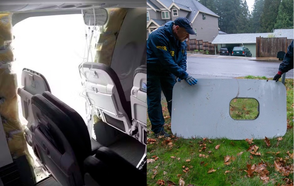 Investigação revela falhas e falta de parafusos em porta de Boeing durante voo Boeing da Alaska Airlines que perdeu a porta logo após decolar de Portland, em 5 de janeiro (Foto: NTSB)