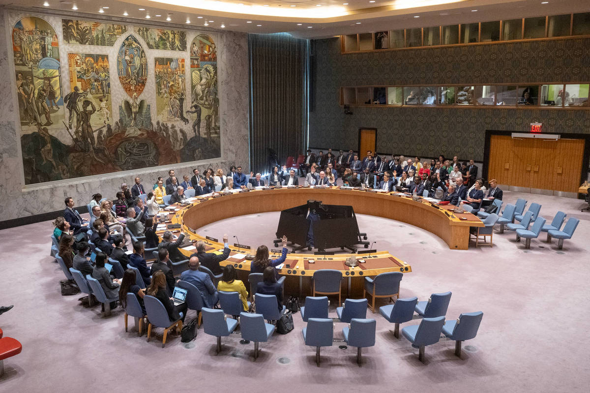 Conferência da ONU pressiona Israel e discute boicote dos EUA à Palestina Reunião do Conselho de Segurança da ONU em julho, em Nova York (Foto: Eskinder Debebe - 22.jul.25/UN Photo via Xinhua)