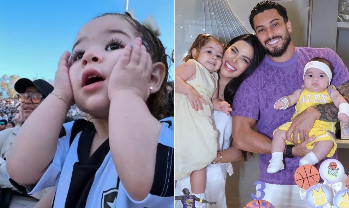 Filha de Alex Telles encanta torcida do Botafogo ao ver vitória sobre PSG no estádio Filha de Alex Telles virou mascote da torcida do Botafogo (Foto: Reprodução/Redes sociais)