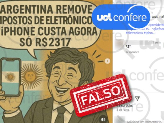 Argentina reduz imposto, mas iPhone novo continua fora do alcance a R$ 2.317 Não é possível encontrar iPhone novo à venda por R$ 2.317 na Argentina (Foto: Arte/UOL sobre Reprodução/Instagram)