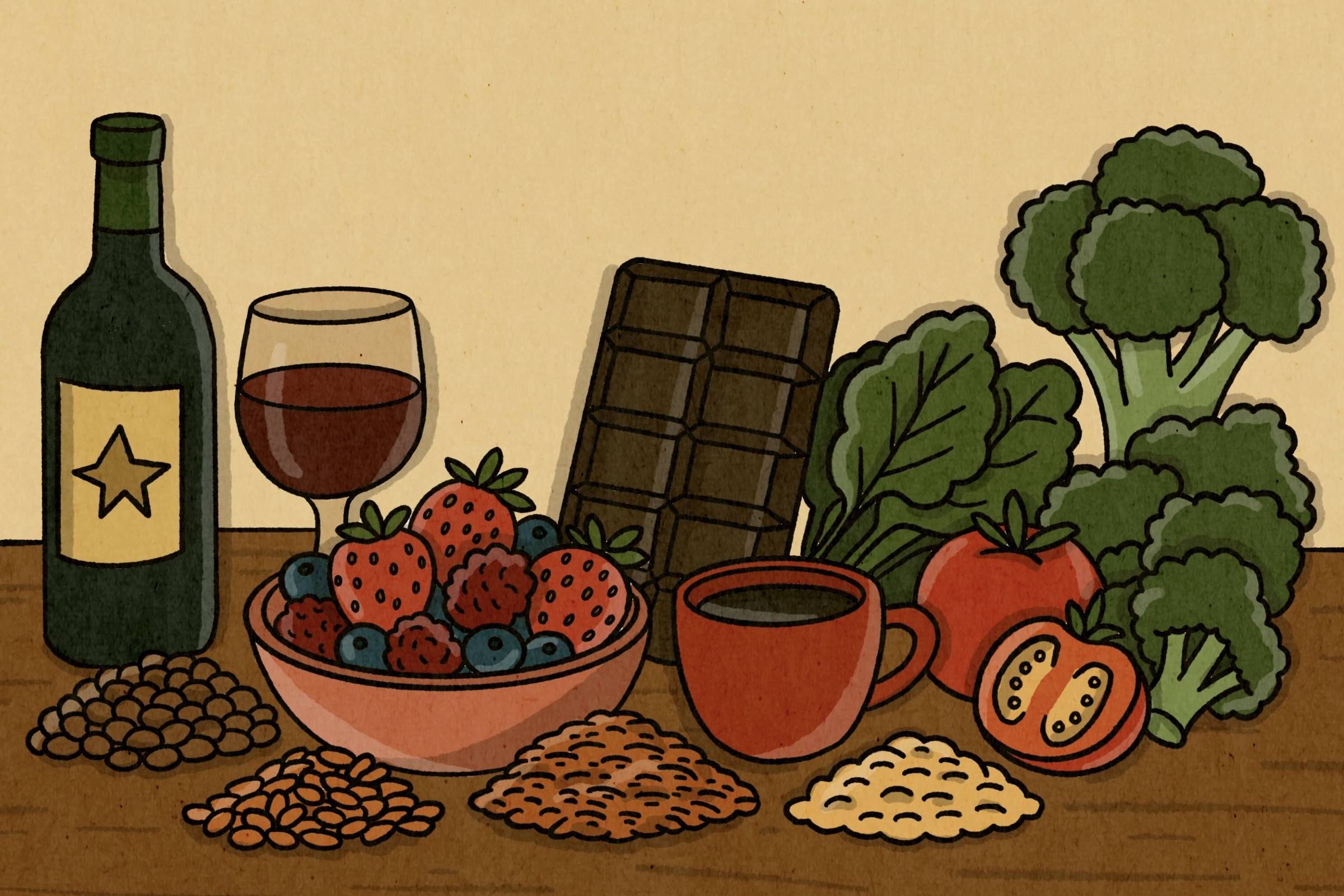 Alimentos que promovem a saúde intestinal e melhoram seu bem-estar diário Alimentos como frutas vermelhas, leguminosas, verduras, cacau, café e vinho são ricos em polifenóis, que ajudam no envelhecimento saudável (Foto: Catarina Pignato - 25.abr.25/Folhapress)