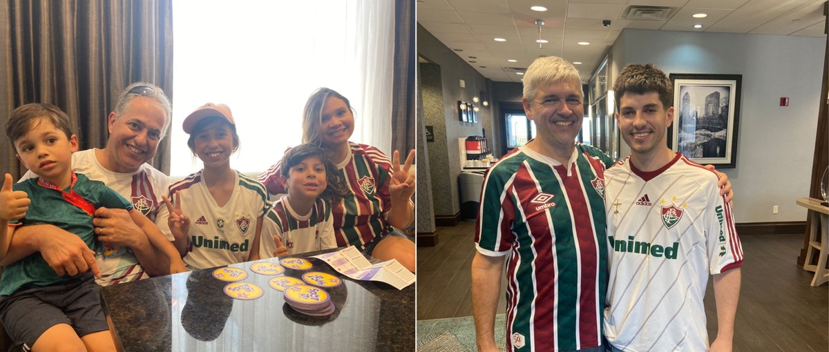 Glauber Azeredo com sua família, e Luís Cláudio Nova com o filho, saíram do Canadá para torcer pelo Fluminense (Foto: Diogo Dantas)