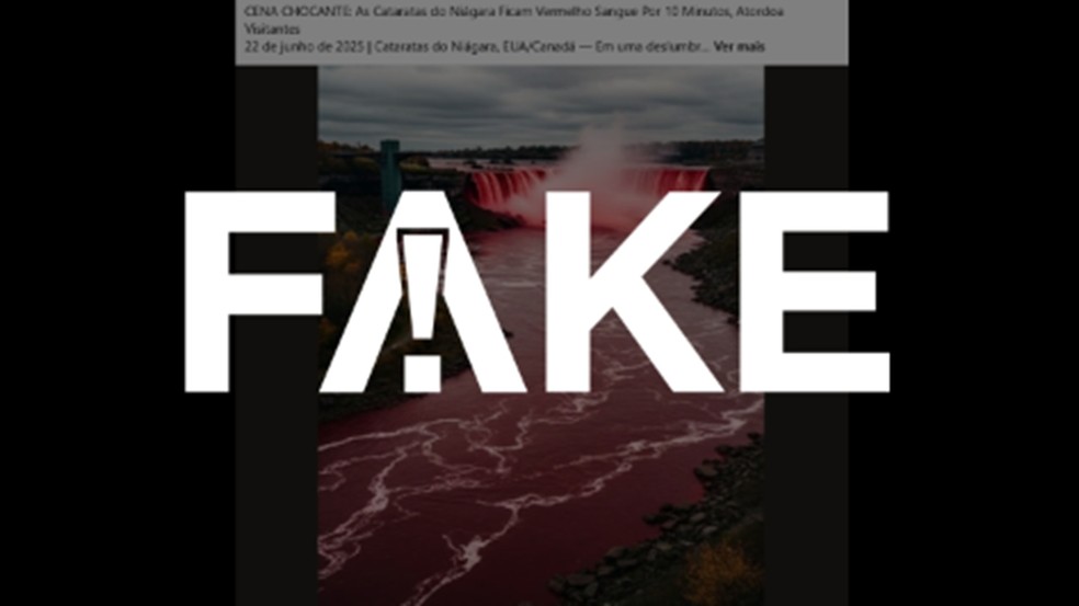 Cataratas do Niágara não ficaram vermelhas; imagem é falsa e gerada por IA É #FAKE que águas das Cataratas do Niágara ficaram vermelhas; foto foi produzida com inteligência artificial (Foto: Reprodução)