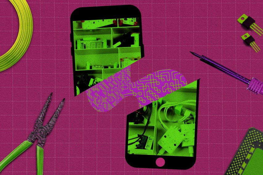 Um telefone aberto com código se estendendo pelas duas metades está sobre uma superfície de trabalho com alicates, chips e um ferro de solda - Stephanie Arnett/MIT Technology Review (Foto: Stephanie Arnett/MIT Technology Review)