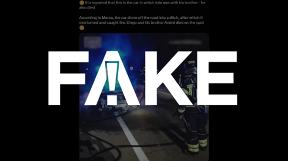 Foto de carro incendiado que viralizou não é do acidente recente É #FAKE que foto de carro queimado em rodovia seja acidente de Diogo Jota; registro é de agosto de 2021 (Foto: Reprodução)