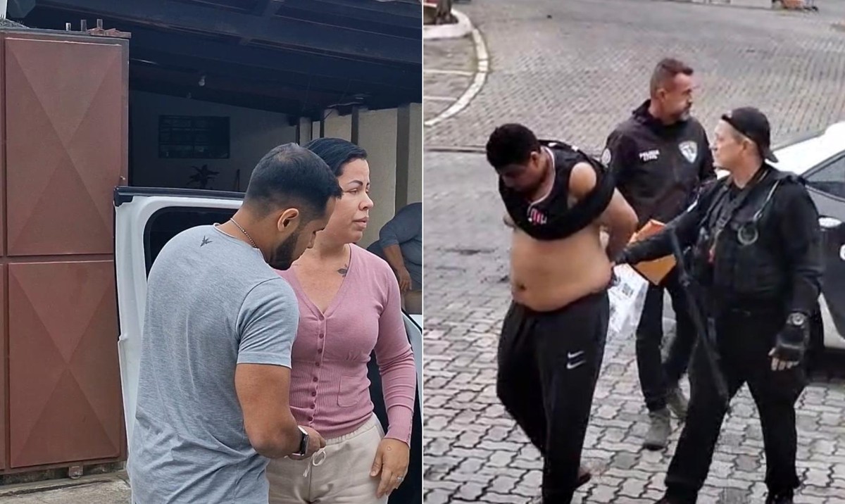 Polícia Civil realiza operação e prende membros do PCC e CV no Complexo do Alemão Ana Lúcia no momento em que era algemada e Gustavo, na chegada à Cidade da Polícia (Foto: Reprodução)