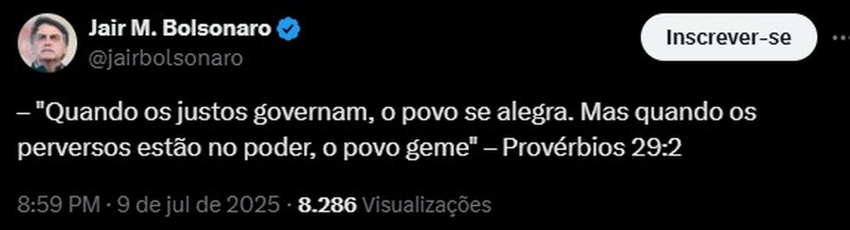 Bolsonaro compartilha versículo bíblico após Trump anunciar tarifas comerciais Após carta de Trump e anúncio de tarifas, Bolsonaro publica versículo bíblico (Foto: Reprodução)