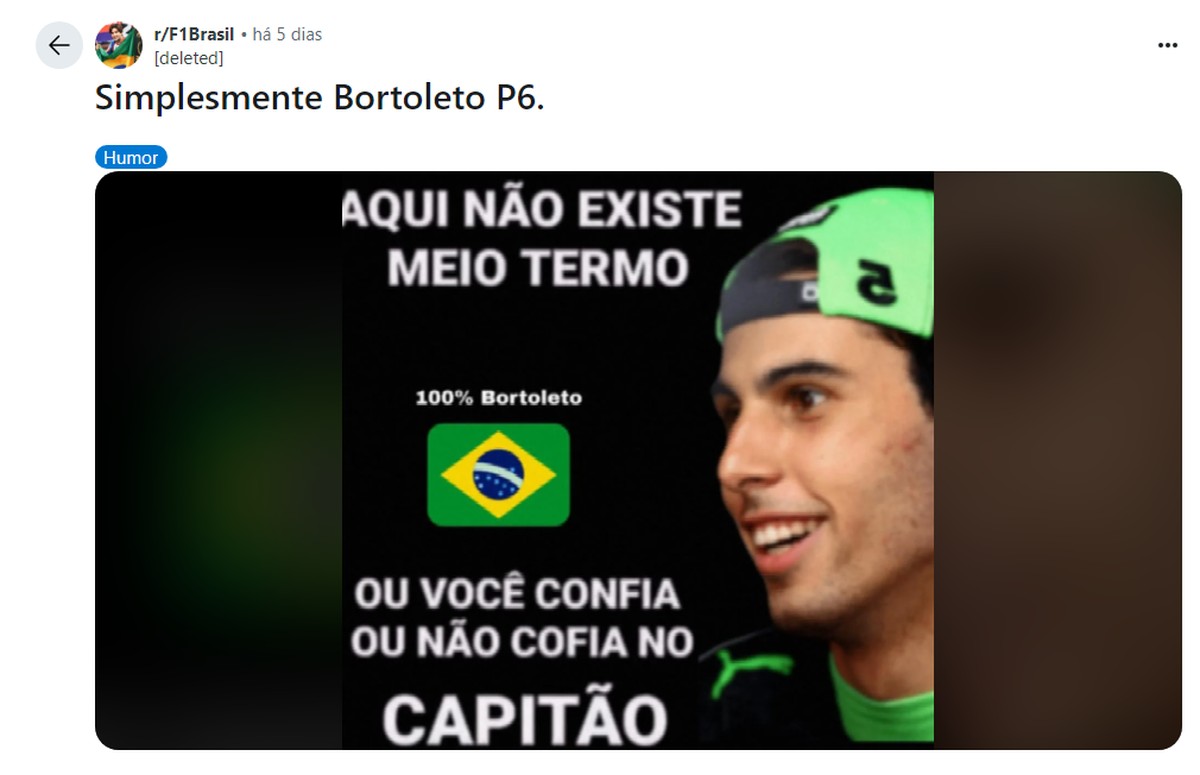 Gabriel Bortoleto brilha nas pistas e conquista fãs como 'melhor novato' do ano Meme sobre Gabriel Bortoleto (Foto: Reprodução)
