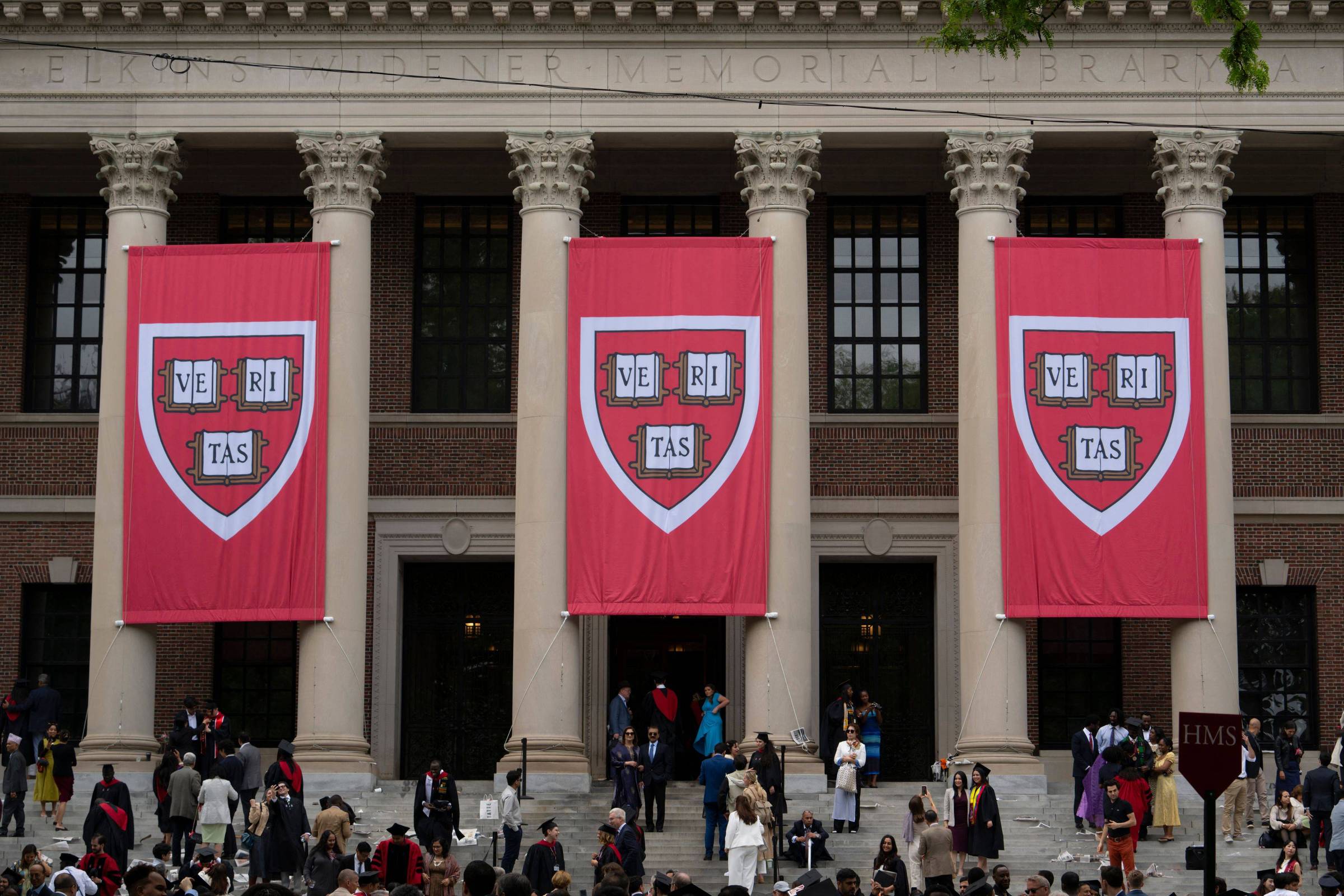 Universidades dos EUA podem perder US$ 1 bilhão devido ao receio de estrangeiros com Trump Banners de Harvard em frente à Biblioteca Widener durante a 374ª cerimônia de formatura da universidade (Foto: Rick Friedman - 30.jun.25/AFP)