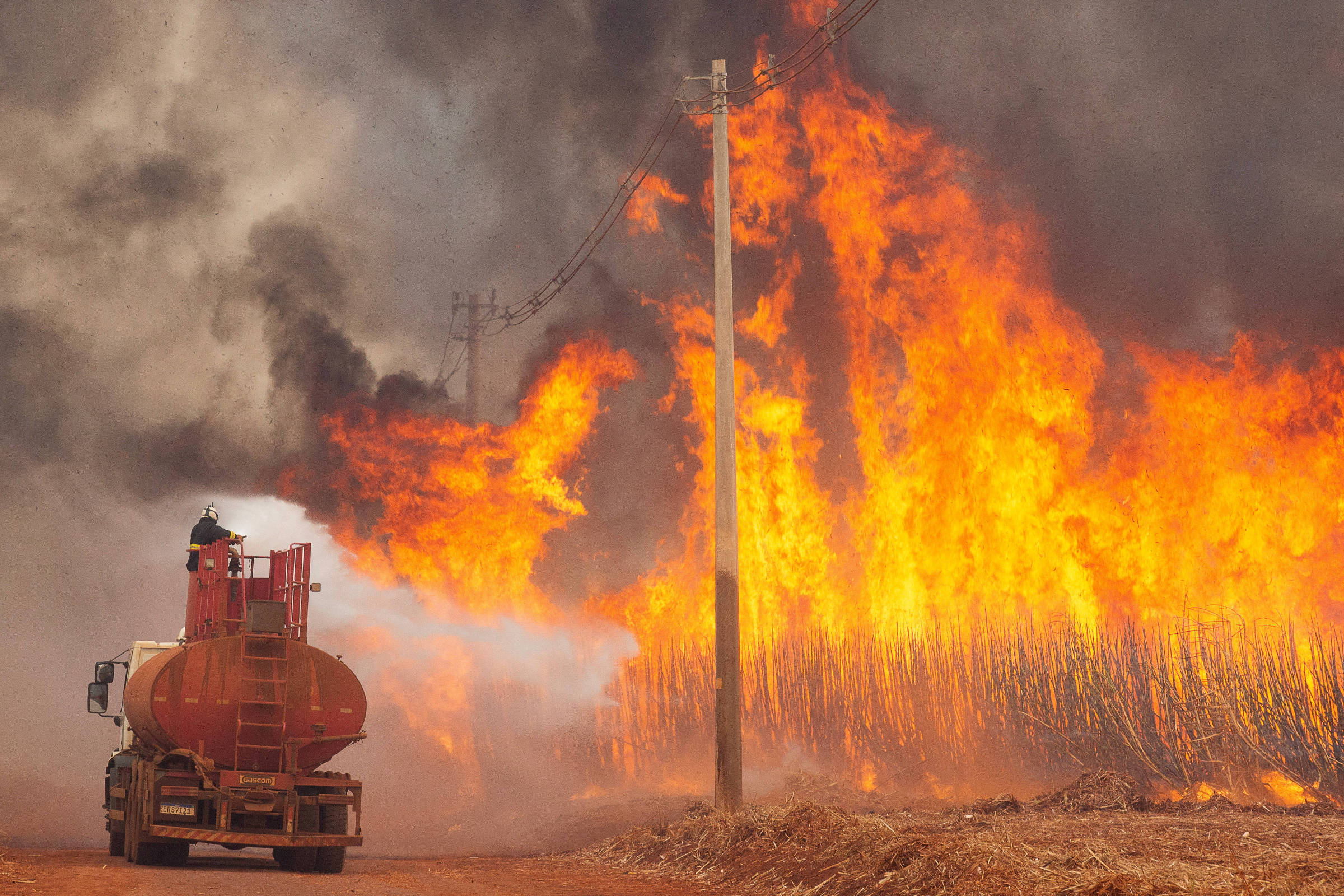 Usinas de São Paulo lançam campanhas para combater incêndios na seca Caminhão-pipa atua no combate a incêndio em lavoura de cana-de-açúcar em Dumont, na região de Ribeirão Preto (Foto: Joel Silva-24.ago.24/Reuters)