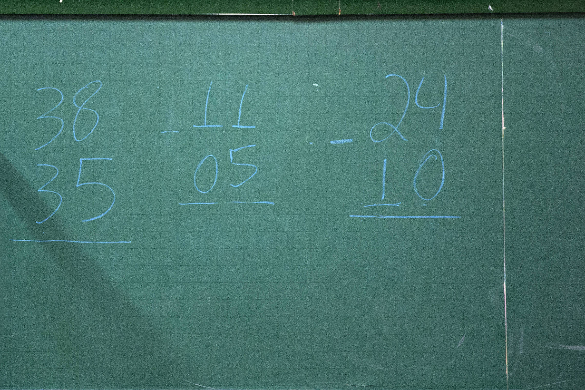 Números escritos por professor em lousa em escola da zona leste de São Paulo durante aula de matemática (Foto: Lalo de Almeida - 28.nov.2018/Folhapress)
