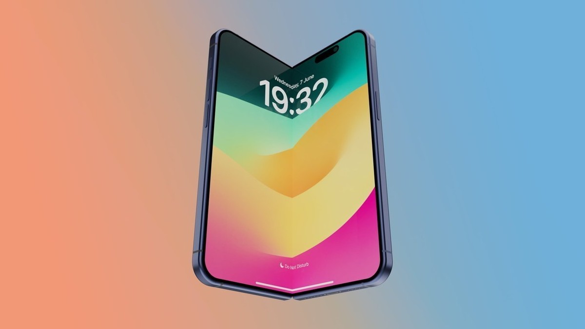 Apple revela imagens do novo iPhone dobrável que pode chegar em breve Simulação de como ficaria o iPhone Dobrável, com duas telas e câmera escondida (Foto: Reprodução/AppleInsider)