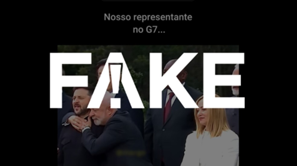 Vídeo que sugere embriaguez de Lula no G7 é desmentido como falso É #FAKE vídeo de Lula cambaleando 'embriagado' em reunião do G7; imagens foram manipuladas com inteligência artificial (Foto: Reprodução)