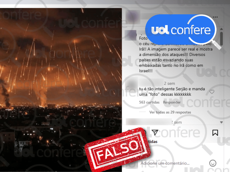 Imagem de mísseis em Israel é gerada por inteligência artificial Imagem de ataque a Israel foi criada com IA (Foto: Arte/UOL Confere sobre reprodução/Instagram)